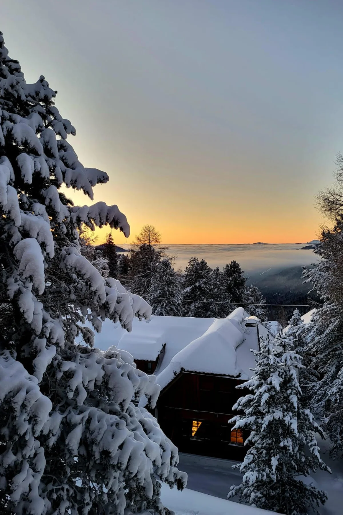 Schneebedecktes Dach inmitten einer Winterlandschaft